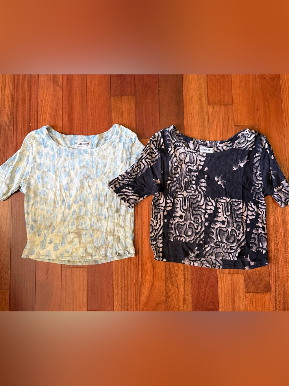 TWO Vintage Short Sleeve Two-Tone Blouses — Light Blue & Black